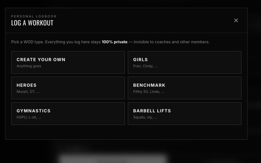 Log a Workout modal — category picker (Girls, Heroes, Benchmark…)