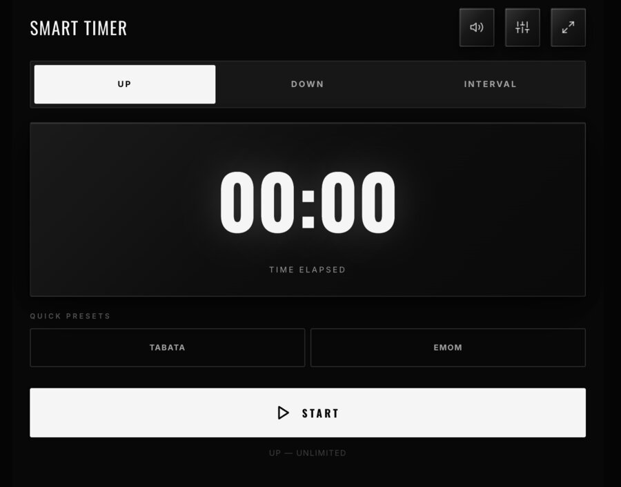 Built-in Smart Timer — Up, Down, Interval modes with Tabata and EMOM presets