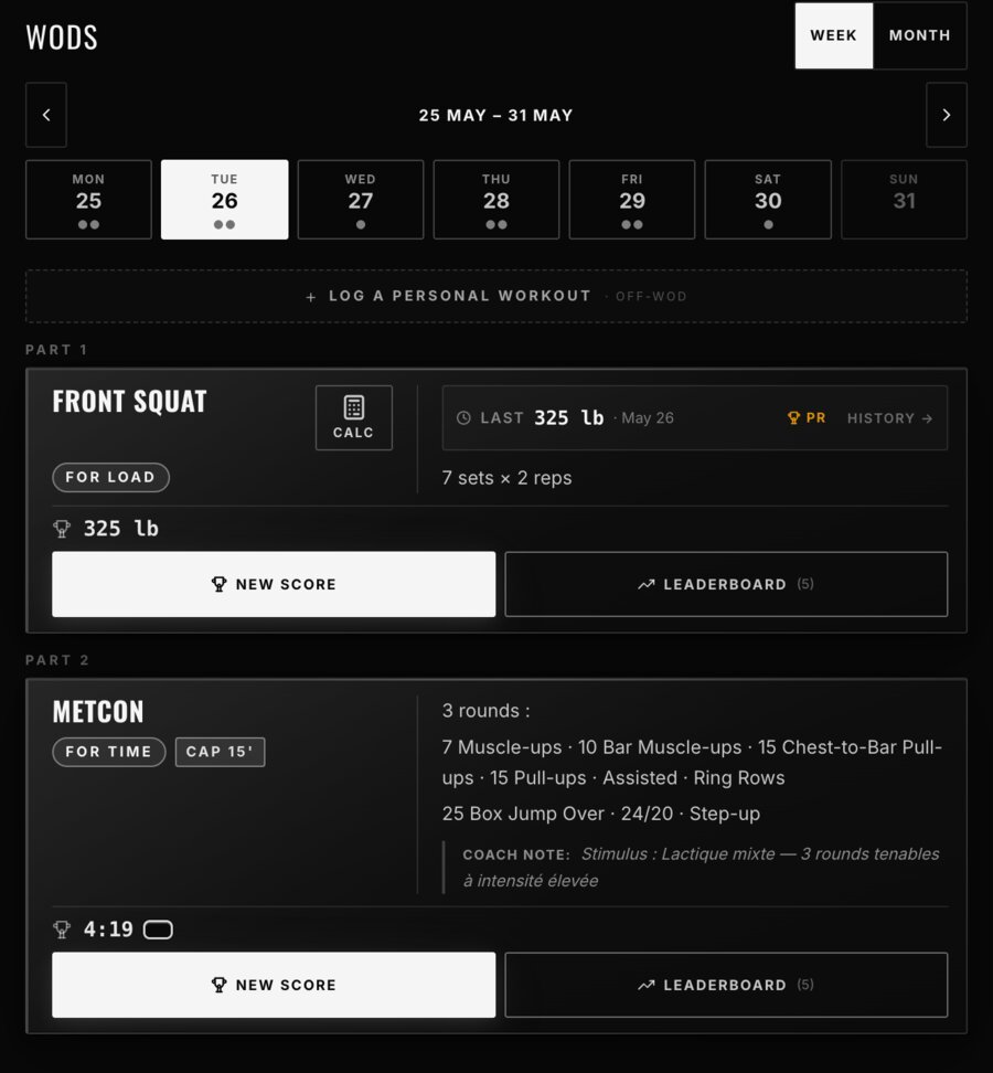Weekly WODs screen — full programming day by day